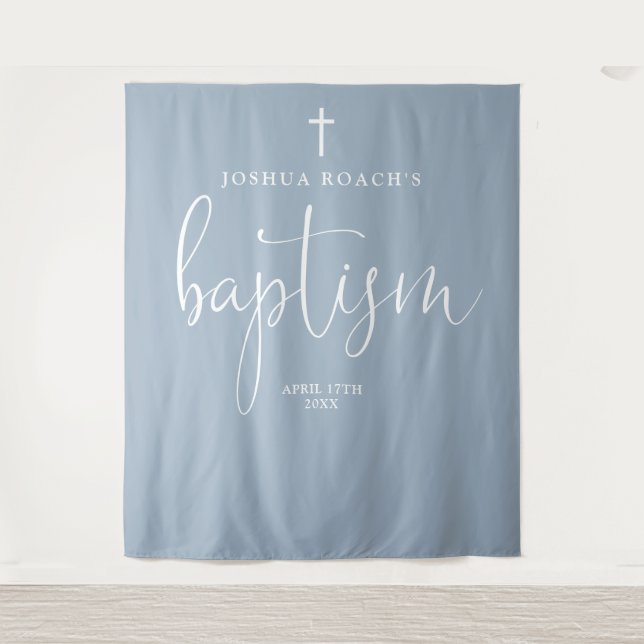 Elegantes Script Dusty Blue Baptism Foto Hintergru Wandteppich (Vorderseite)