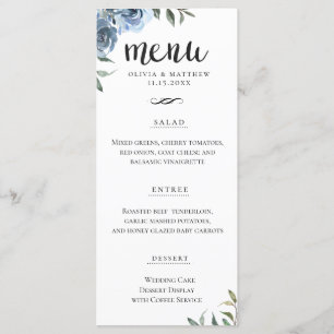 Elegantes Script Dusty Blue Botanical Wedding Menükarte