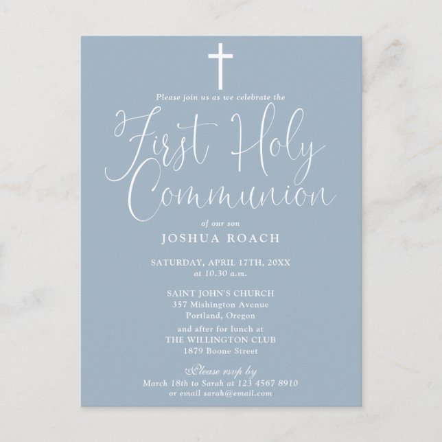 Elegantes Script Dusty Blue First Holy Communion Postkarte (Vorderseite)