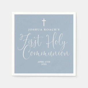 Elegantes Script Dusty Blue First Holy Communion Serviette