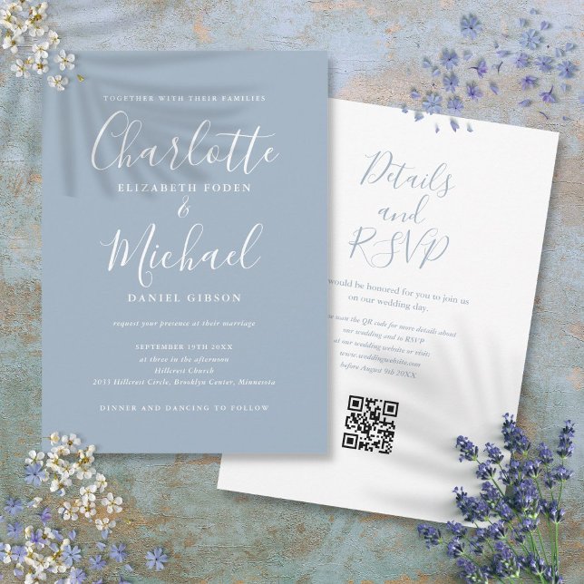 Elegantes Script Dusty Blue Modern QR Code Hochzei Einladung (Elegant Script Dusty Blue Modern QR Code Wedding Invitation)