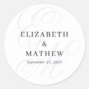 Elegantes Script Dusty Blue Monogram Wedding Runder Aufkleber