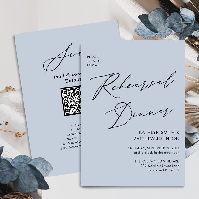 Elegantes Script Dusty Blue Probe Dinner QR Einladung (Von Creator hochgeladen)