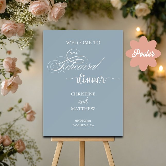 Elegantes Script Dusty Blue Probe Dinner Willkomme Poster (Von Creator hochgeladen)