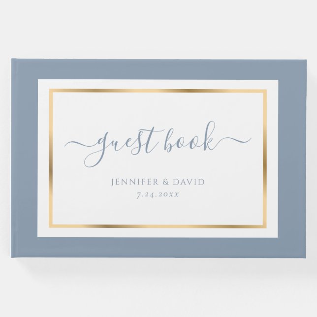 Elegantes Script Dusty Blue und Gold Wedding Gästebuch (Vorderseite)