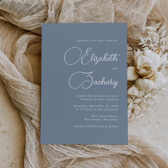 Elegantes Script Dusty Blue Wedding Einladung (The perfect choice for a wedding with a dusty blue color palette.)