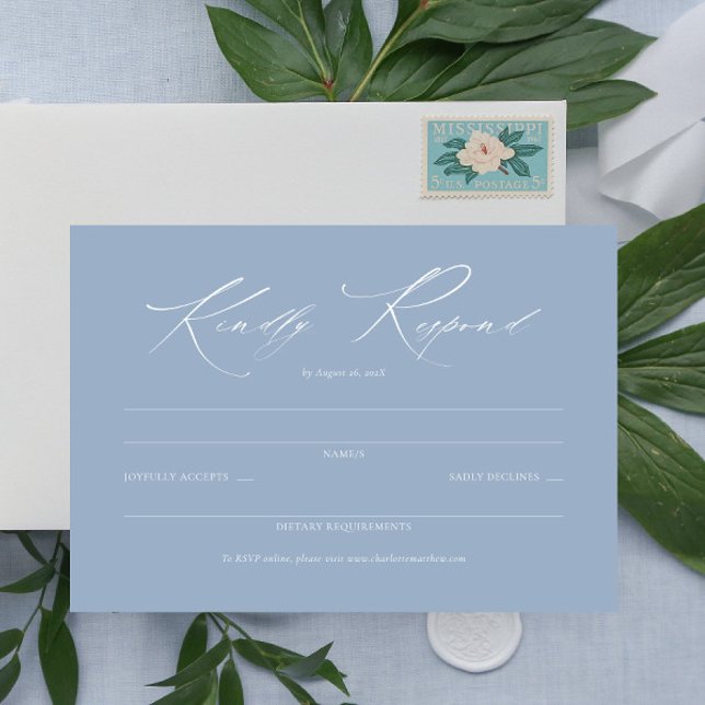 Elegantes Script Dusty Blue Wedding Simple UAWG RSVP Karte (dusty blue rsvp card, dainty wedding blue response card, elegant script rsvp enclosure card)