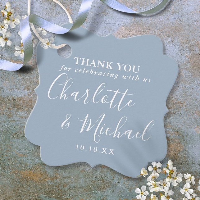 Elegantes Script Dusty Blue Wedding Vielen Dank Geschenkanhänger (Elegant Script Dusty Blue Wedding Thank You Favor Tags)