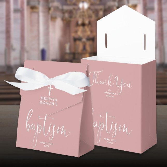 Elegantes Script Dusty Rose Pink Taufe Gefälligkei Geschenkschachtel (Elegant Script Dusty Rose Pink Baptism Favor Box)