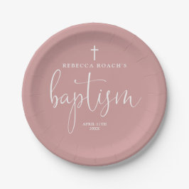 Elegantes Script Dusty Rose Rosa Taufe Pappteller