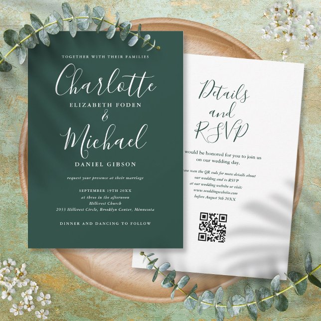 Elegantes Script Emerald Green QR Code Hochzeit Einladung (Elegant Script Emerald Green QR Code Wedding Invitation)