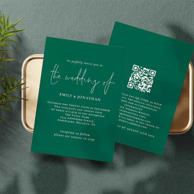 Elegantes Script Emerald Green QR Code Hochzeit Einladung (Frotn and back view. Available digitally and printed)
