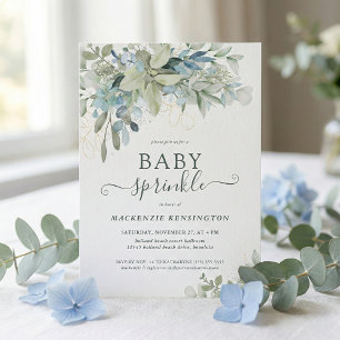 Elegantes Script Eucalyptus Greenery Baby Sprinkle Einladung