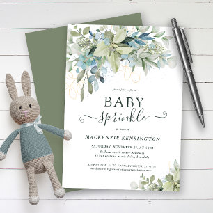 Elegantes Script Eucalyptus Greenery Baby Sprinkle Einladung