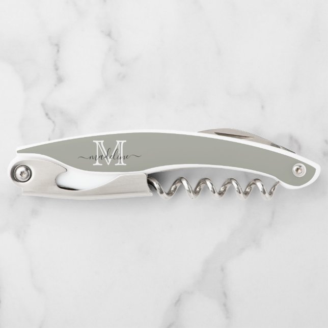 Elegantes Script Evergreen Fog Monogram Kitchen Kellnermesser (Vorderseite)