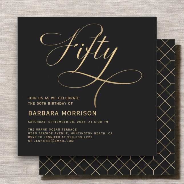 Elegantes Script Fifty Black Gold 50. Geburtstag Einladung (Von Creator hochgeladen)