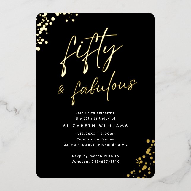 Elegantes Script Fifty und fabulous Birthday Gold Folieneinladung (Vorderseite)