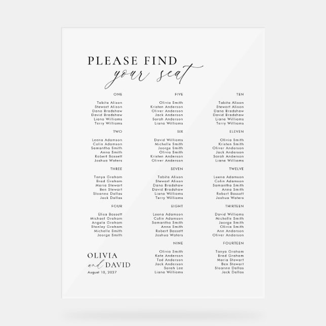 Elegantes Script finden Sie Ihren Sitz Hochzeitssy Acrylschild (Vorderseite)