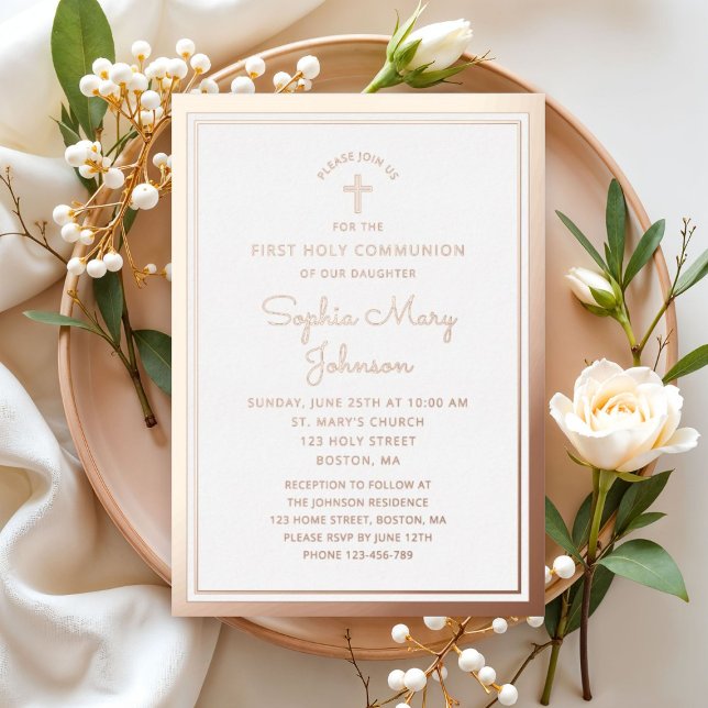 Elegantes Script First Communion Rose Gold Folieneinladung (Elegant Script First Communion Rose Gold Foil Invitation)