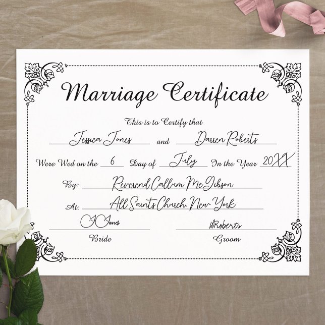 Elegantes Script Floral ausgefülltes Ehezertifikat (Elegant Script Border Filled Marriage Certificate)