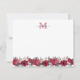 Elegantes Script floral Burgundy Red Monogram Mitteilungskarte