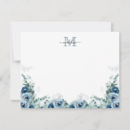 Elegantes Script Floral Dusty Blue Monogram Mitteilungskarte