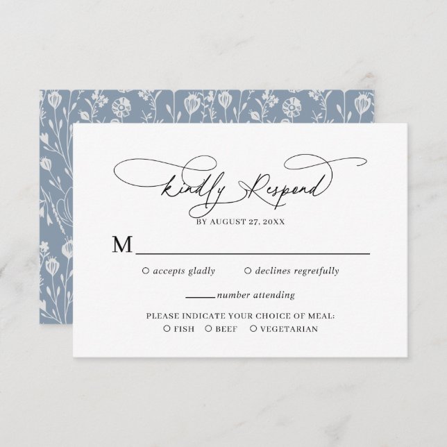 Elegantes Script floral Dusty Blue Wedding Rsvp Begleitkarte (Vorne/Hinten)