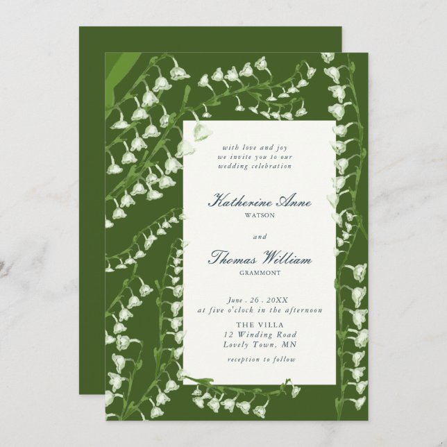Elegantes Script Floral Frame Lily Valley Hochzeit Einladung (Vorne/Hinten)
