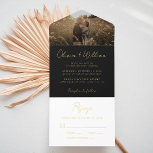 Elegantes Script-Foto Black Wedding All-in-One-Einladung