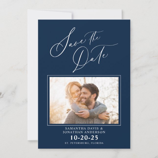 Elegantes Script Foto Blue Wedding Save the Date (Vorderseite)