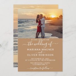 Elegantes Script Foto Boho Tan Beige Wedding Einladung