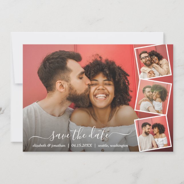 Elegantes Script Foto Collage 5 Fotos Moderne Save The Date (Vorderseite)
