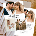 Elegantes Script Foto Collage Wedding Vielen Dank Dankeskarte<br><div class="desc">Elegante, Minimalistische, moderne Handschrift geschrieben "Danke" Script Foto Collage Card. Stilvolle Hochzeit danke Ihnen Karte Vorlage mit drei (3) Foto auf der Vorderseite und ein (1) Foto auf der Rückseite. Mit einem "Dankeschön"-Text in einer Wirblen Schrift, die Schwanz-Schriftart in schwarz auf weißem Hintergrund zeigt. Einfach Namen hinzufügen und danke Ihnen...</div>