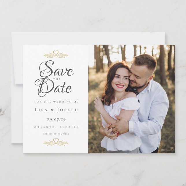 Elegantes Script-Foto Elegant Gold Doves Herz Save The Date (Vorderseite)