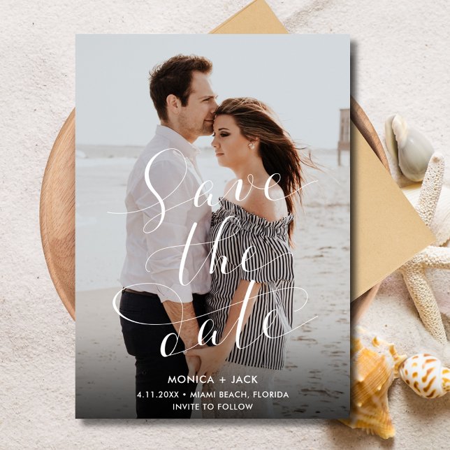 Elegantes Script Foto Florida Beach Wedding Save The Date (Elegant Script Photo Florida Beach Wedding Save The Date)