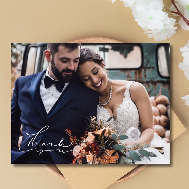 Elegantes Script Foto Hochzeit Danke Postkarte (Elegant Script Photo Wedding Thank You Postcard)