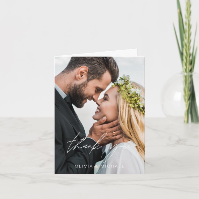 Elegantes Script Foto Hochzeit Dankeschön Karte (Vorderseite)