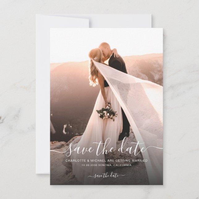Elegantes Script-Foto Hochzeit Save The Date (Vorderseite)