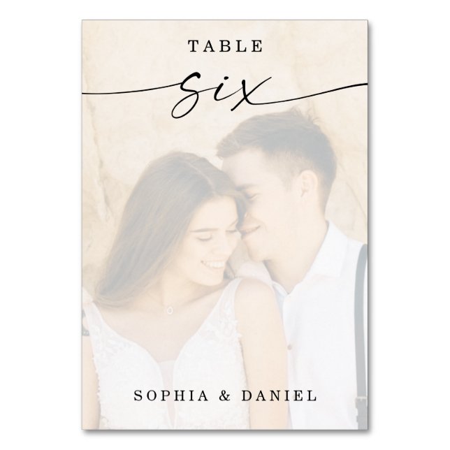 Elegantes Script Foto Hochzeit Tischnummer 6 (Vorderseite)
