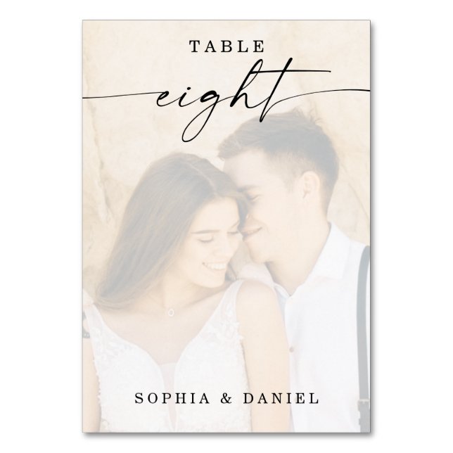 Elegantes Script Foto Hochzeit Tischnummer Acht (Vorderseite)