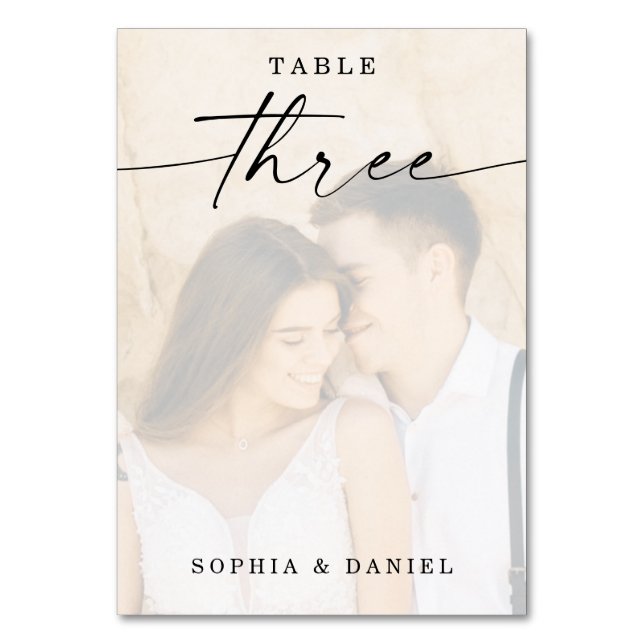 Elegantes Script Foto Hochzeit Tischnummer Drei (Vorderseite)