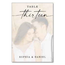 Elegantes Script Foto Hochzeit Tischnummer Dreizeh