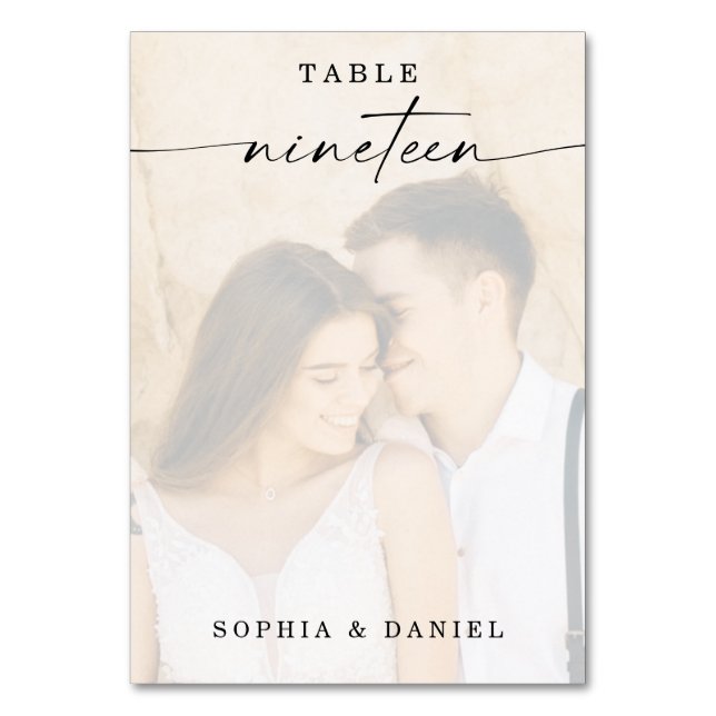 Elegantes Script Foto Hochzeit Tischnummer Neunzeh (Vorderseite)