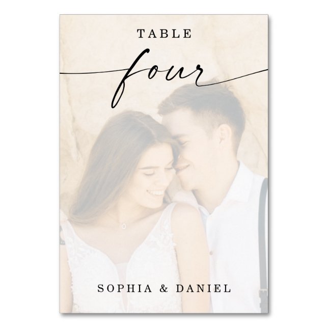Elegantes Script-Foto Hochzeit Tischnummer Vier (Vorderseite)