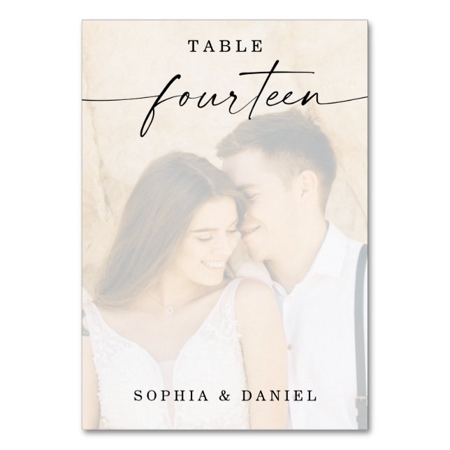 Elegantes Script Foto Hochzeit Tischnummer Vierzeh (Vorderseite)