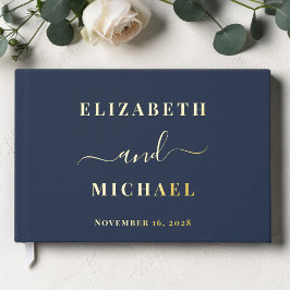 Elegantes Script Foto Navy Blue Wedding Gästebuch