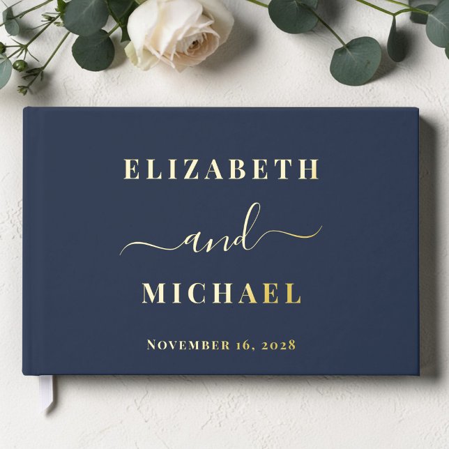 Elegantes Script Foto Navy Blue Wedding Gästebuch (Elegant Script Photo Navy Blue Wedding Foil Guest Book)