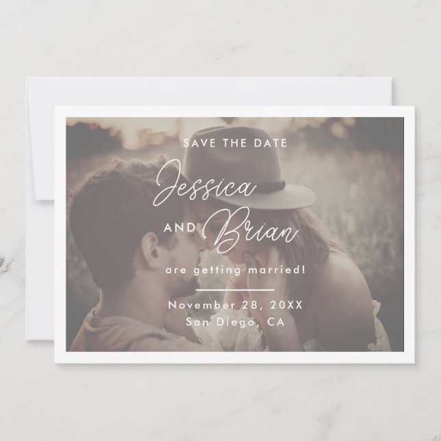 Elegantes Script-Foto-Overlay-Hochzeit Save The Date (Vorderseite)