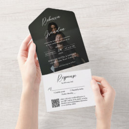 Elegantes Script-Foto-Overlay QR-Code Hochzeit All In One Einladung