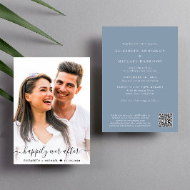 Elegantes Script Foto QR Code Dusty Blue Wedding Einladung